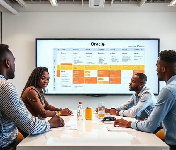 African project manager leading agile team meeting with Oracle implementation timeline